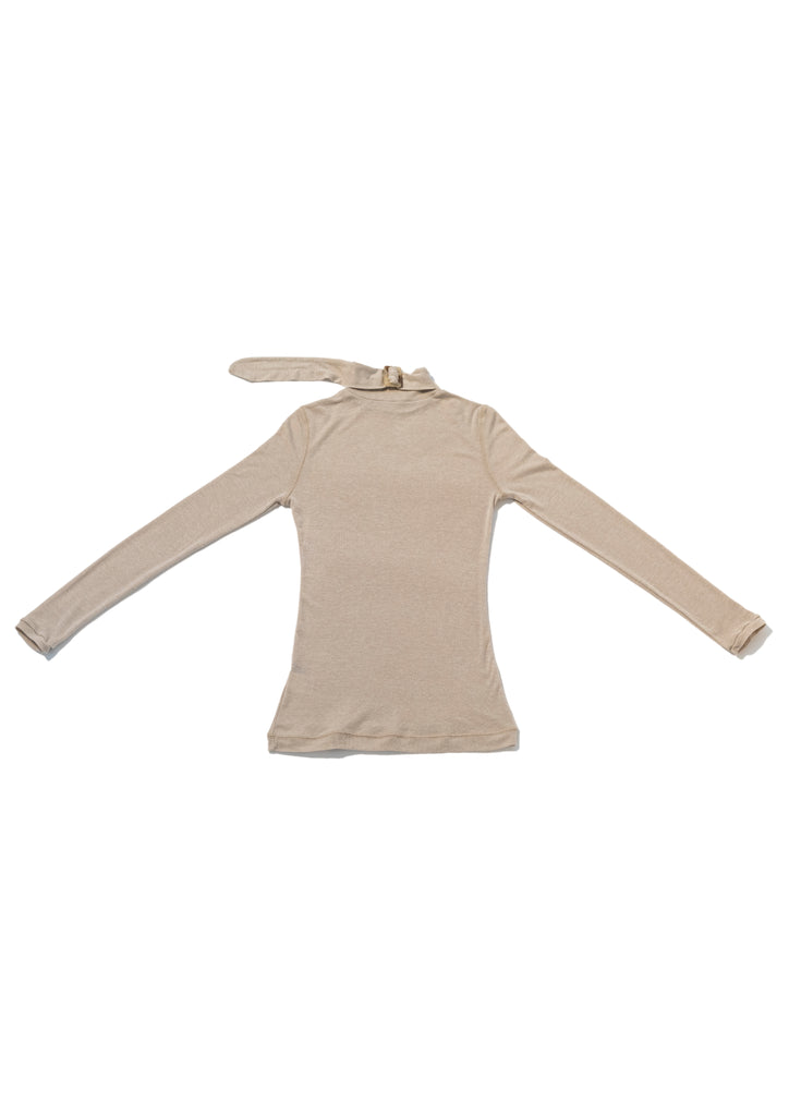 Beige Mock Neck Thin Knit Buckle-Up Top