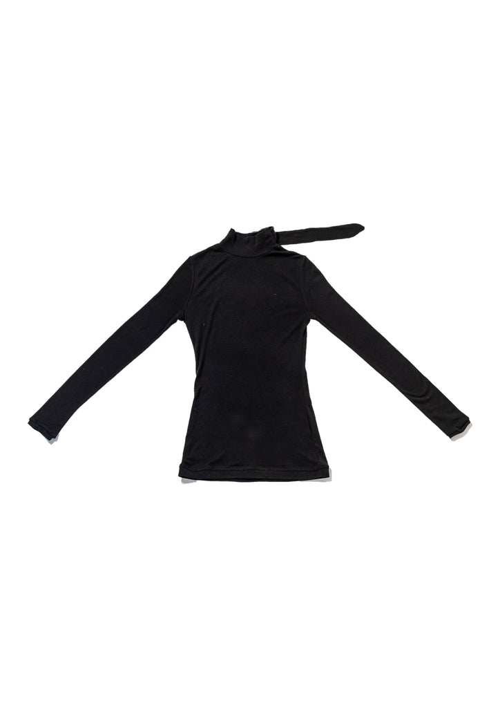 Black Mock Neck Thin Knit Buckle-Up Top