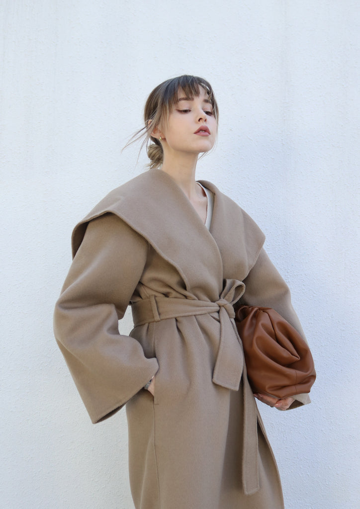Beige Belted Caped Coat