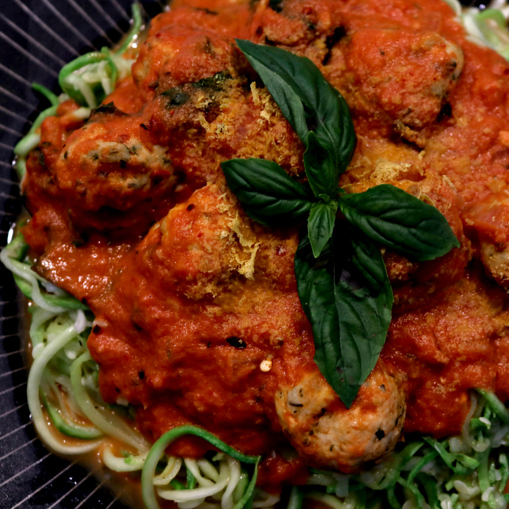 Zoodles with Creamy Tomato Sauce & Turkey Meatballs