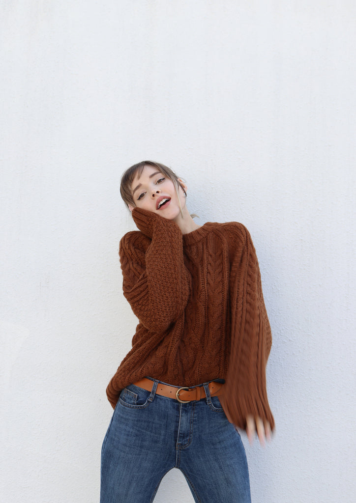 Brown Round Neck Cable Knit Sweater