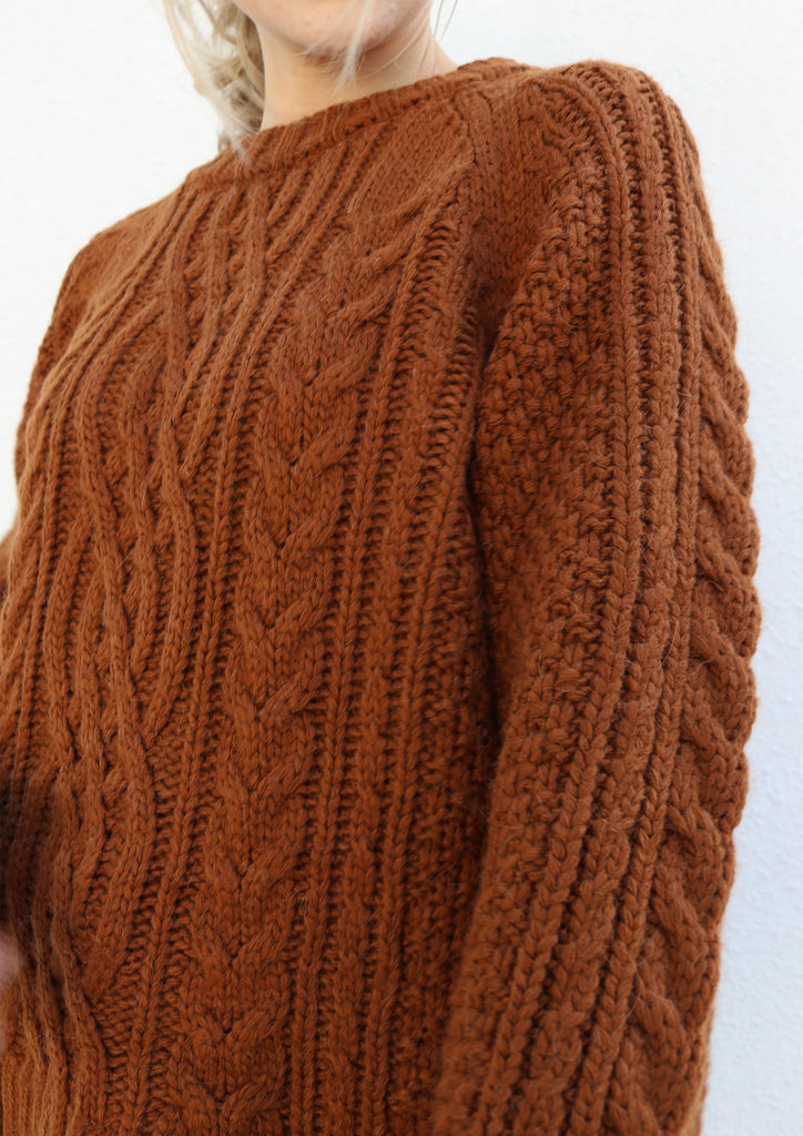 Brown Round Neck Cable Knit Sweater