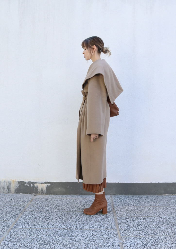 Beige Belted Caped Coat