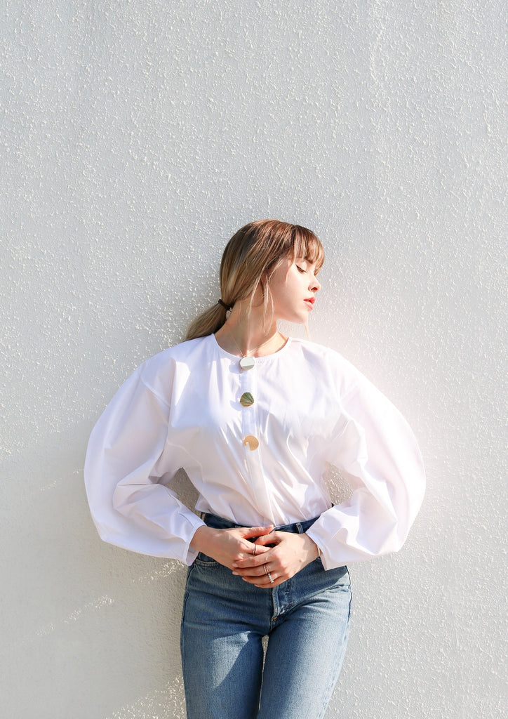Gold Button Puff Sleeve Blouse