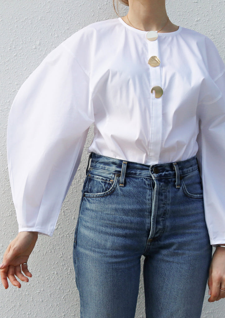 Gold Button Puff Sleeve Blouse