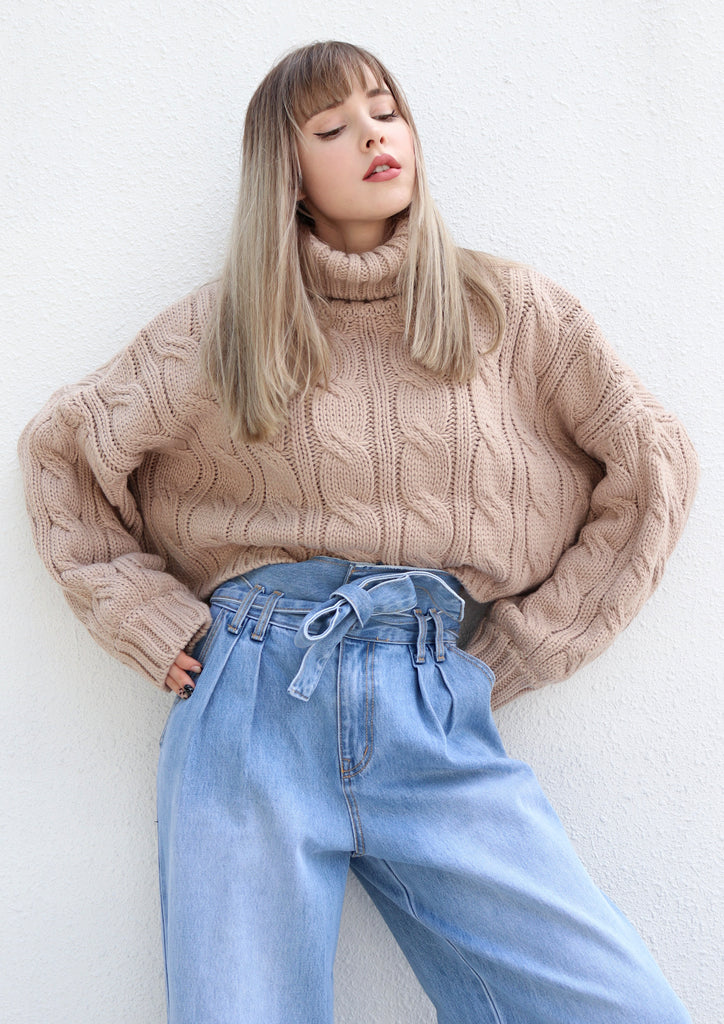 Blush Cropped Cable Knit Turtleneck