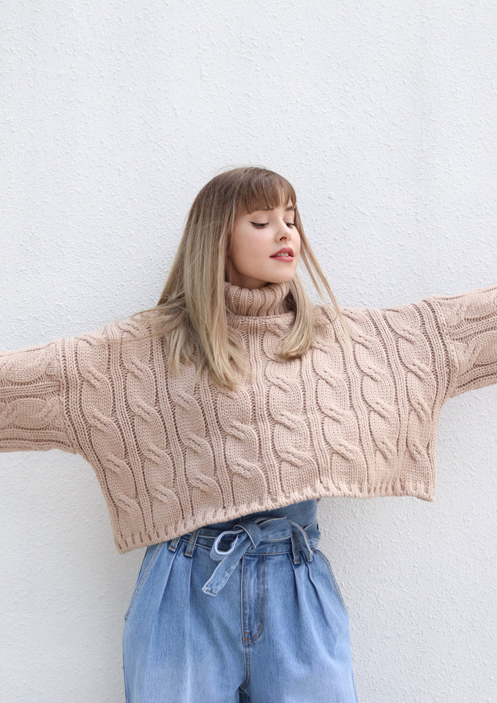 Blush Cropped Cable Knit Turtleneck