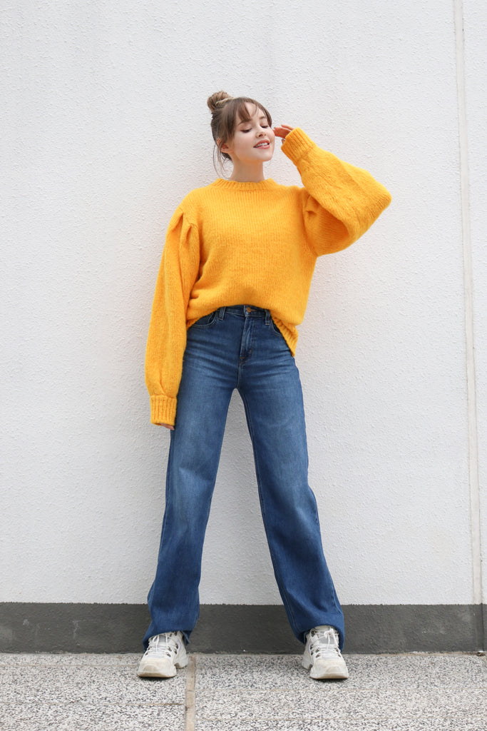 Yellow Balloon Sleeve Knit Sweater